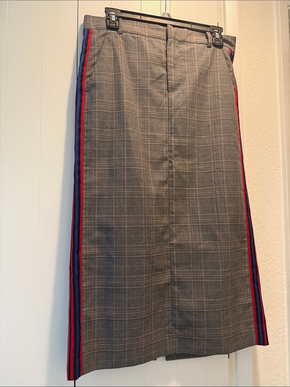 Zara woman Gray Plaid Midi Skirt with Red & Blue Side Stripes